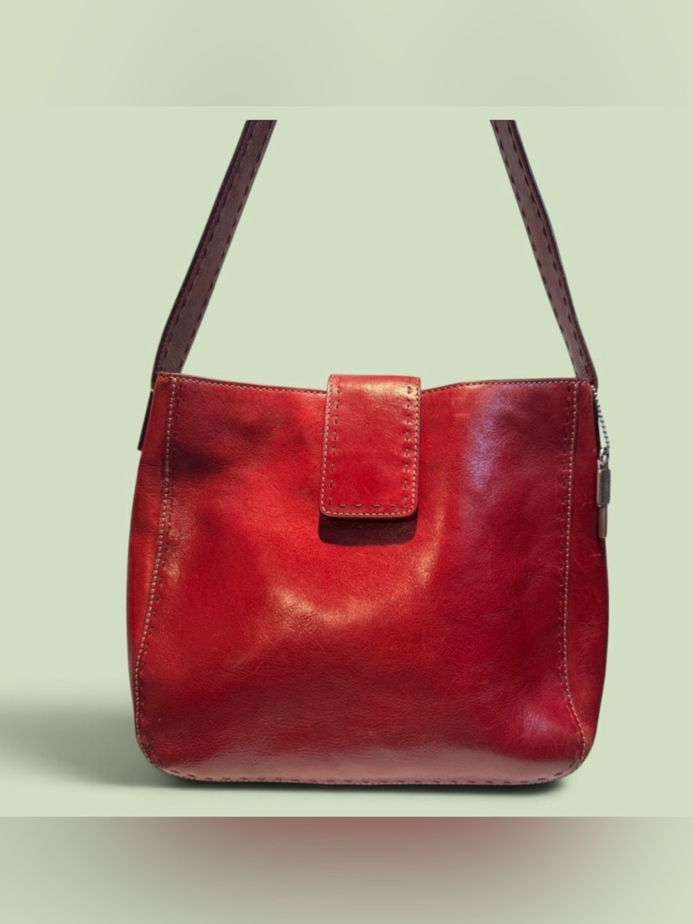 Fossil Red Leather Shoulder Bag with Brown Strap